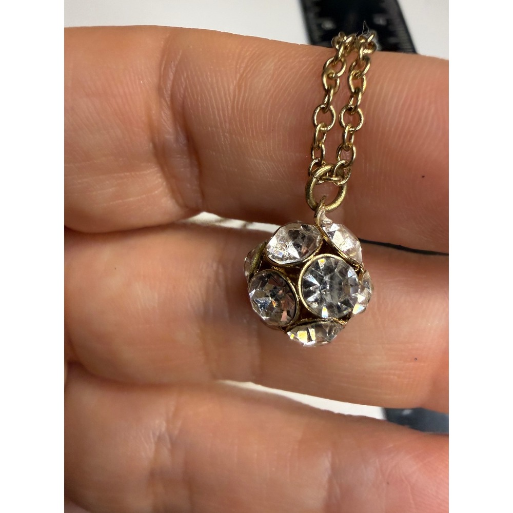 Gold Tone Rhinestone Pave Disco Ball Pendant Necklace Adjustable Chain